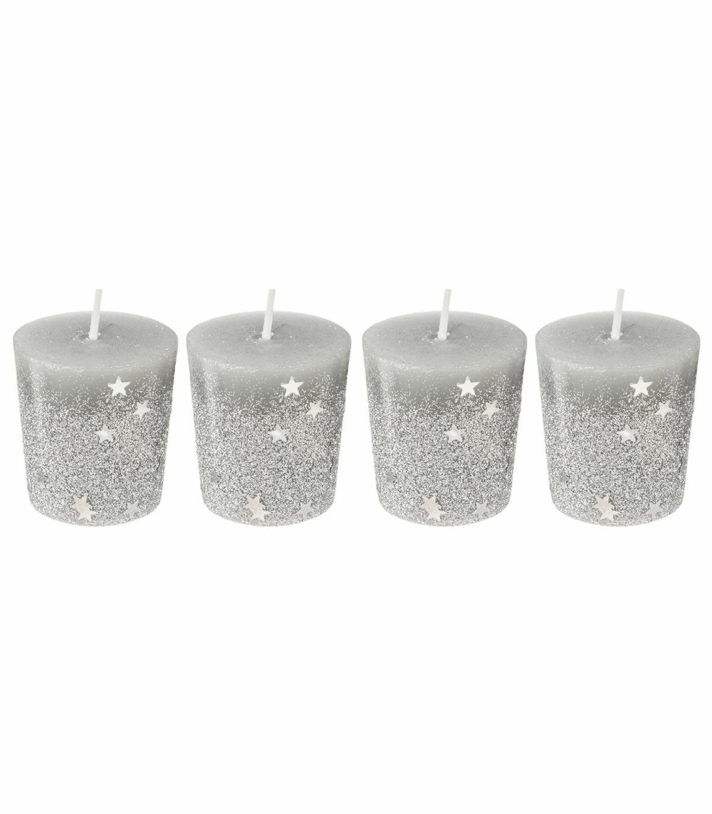 Lot de 4 bougies votive argent étoiles et paillettes d 4 cm