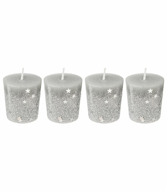 Lot de 4 bougies votive argent étoiles et paillettes d 4 cm