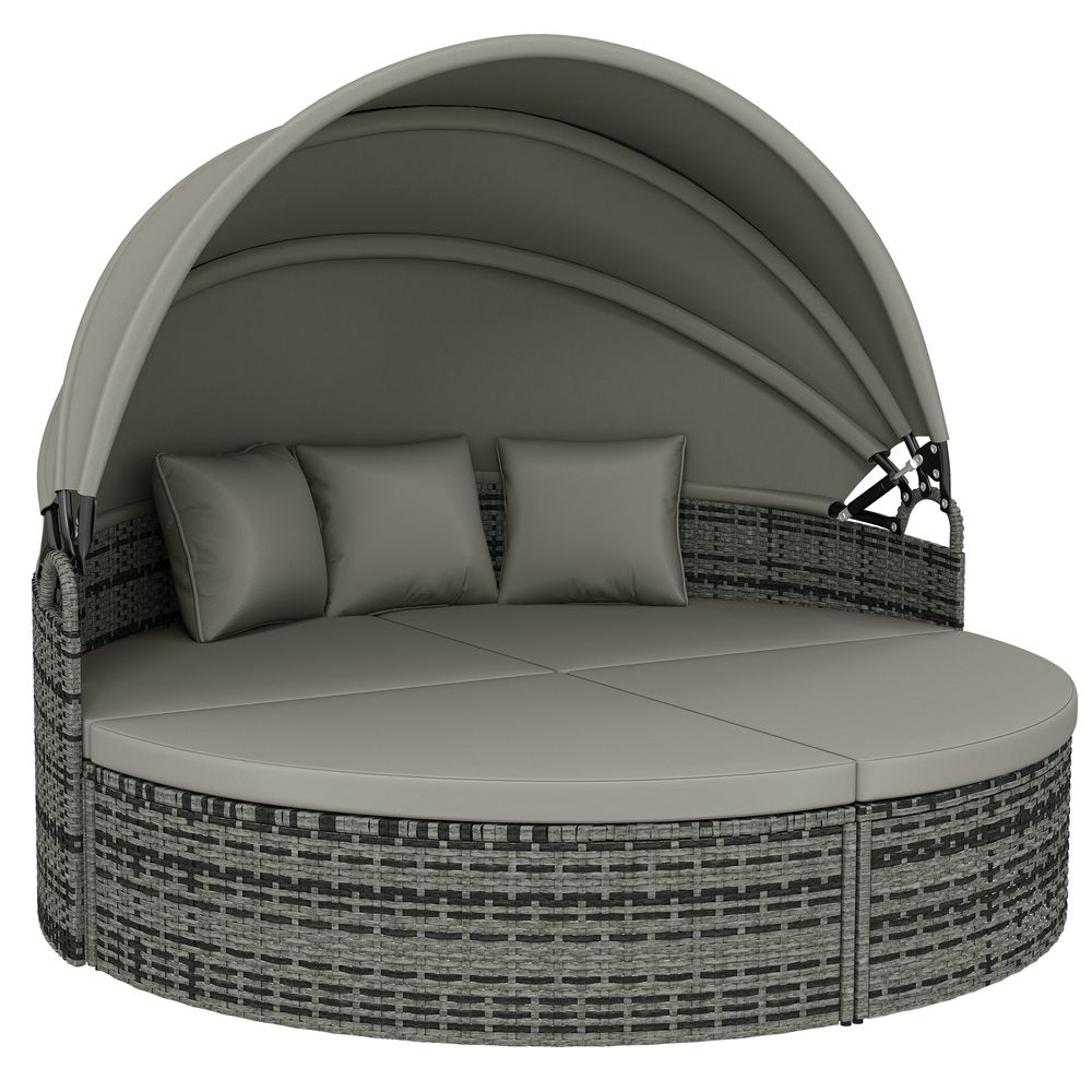 Bain de soleil rond modulable auvent rétractable coussins résine tressée gris