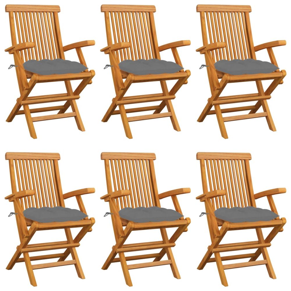 Chaises pliantes avec coussins gris, 6 pièces, en teck massif