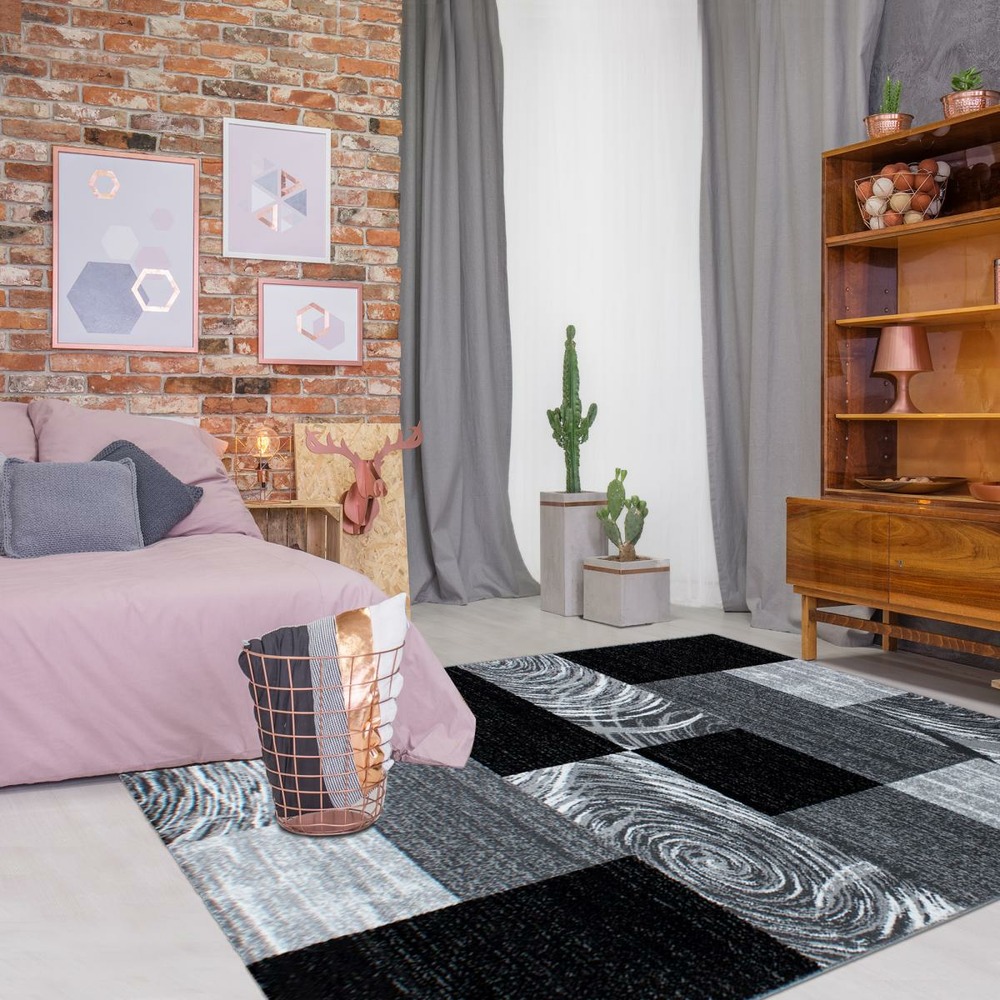 Tapis entrée 80x150 tissé noir et gris rectangle motif géométrique ploni