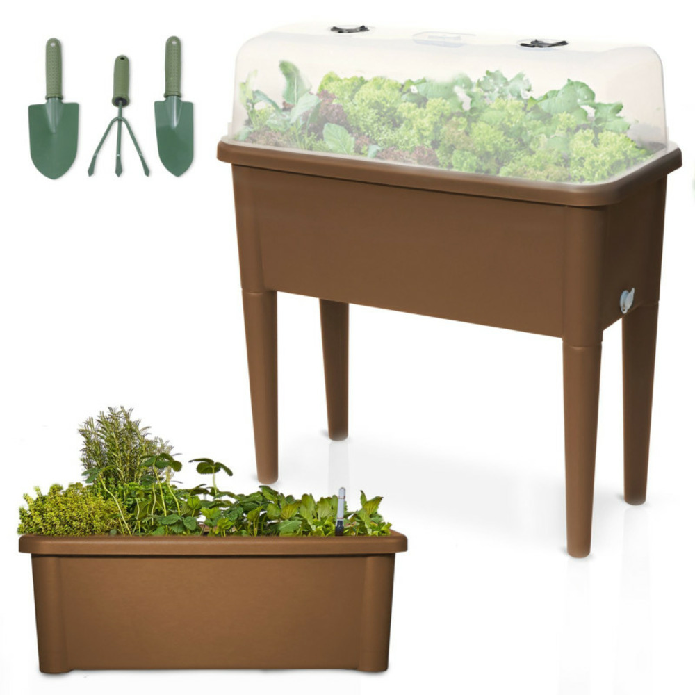 Carré potager sur pied plastique marron avec couvercle 76x 66x37cm jardinière surélevée
