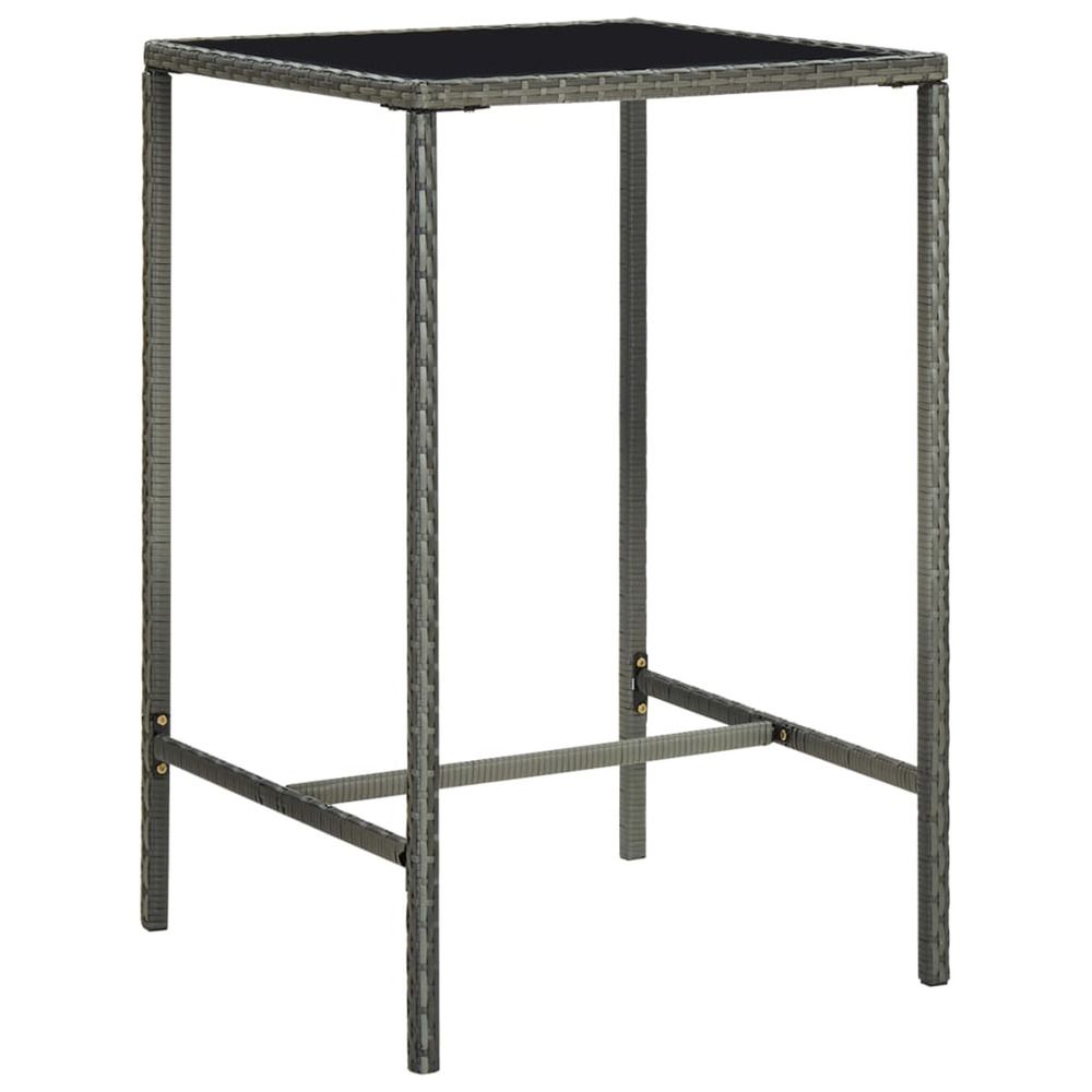 Table de bar de jardin gris 70x70x110cm résine tressée et verre