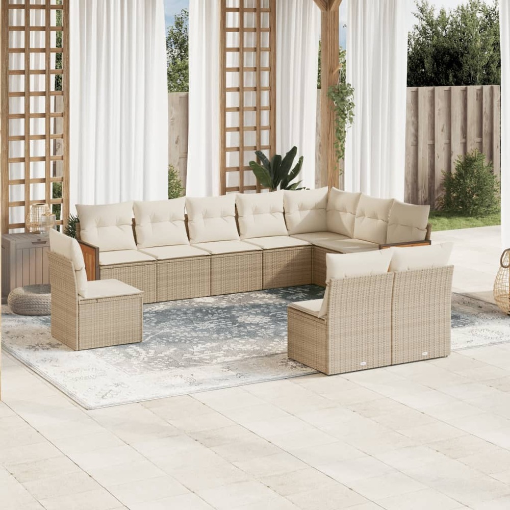 Salon de jardin avec coussins 10 pcs beige résine tressée