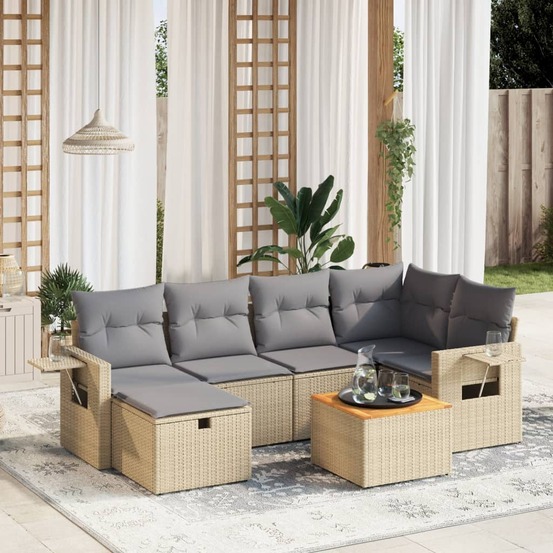 Salon de jardin avec coussins 7pcs mélange beige résine tressée