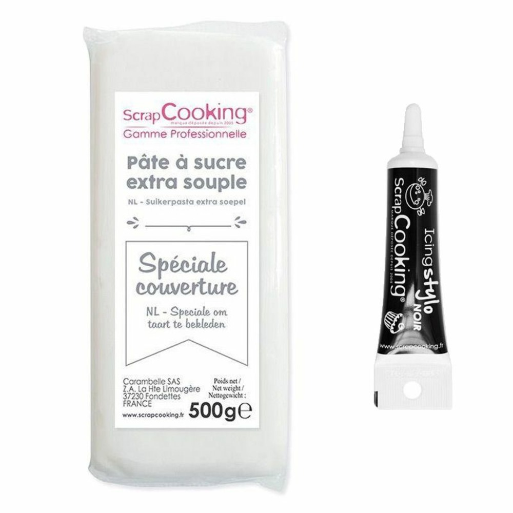 Pâte à sucre de couverture blanche 500 g + stylo de glaçage noir