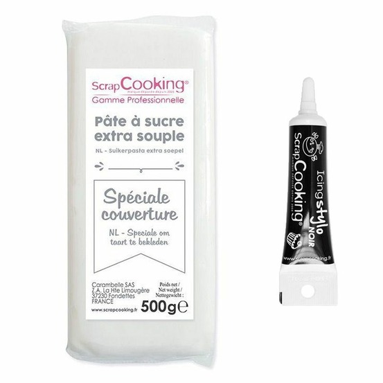 Pâte à sucre de couverture blanche 500 g + stylo de glaçage noir