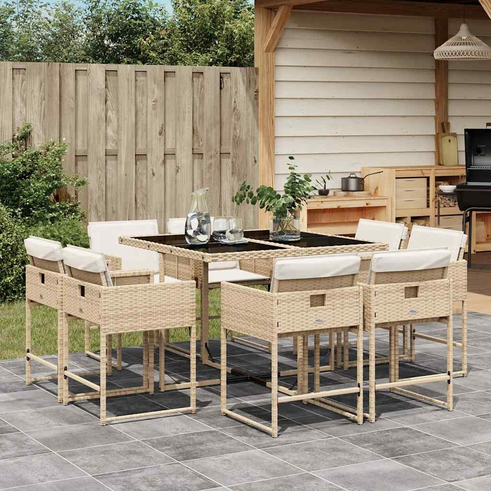 Ensemble à manger de jardin et coussins 9 pcs beige poly rotin