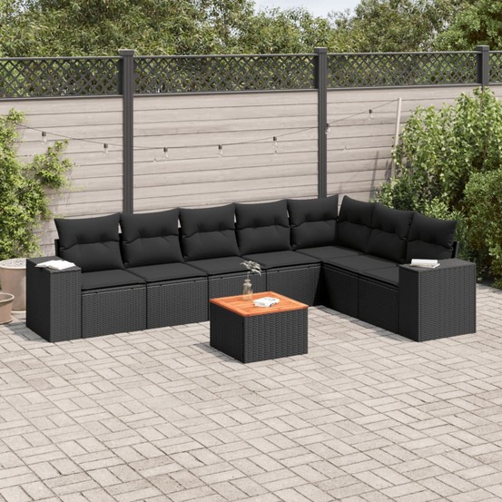 Salon de jardin 8 pcs avec coussins noir résine tressée