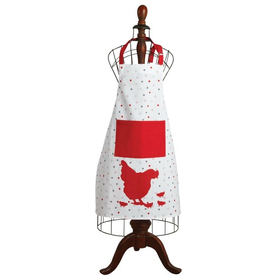 Tablier de cuisine en coton – motif poule et poche rouge