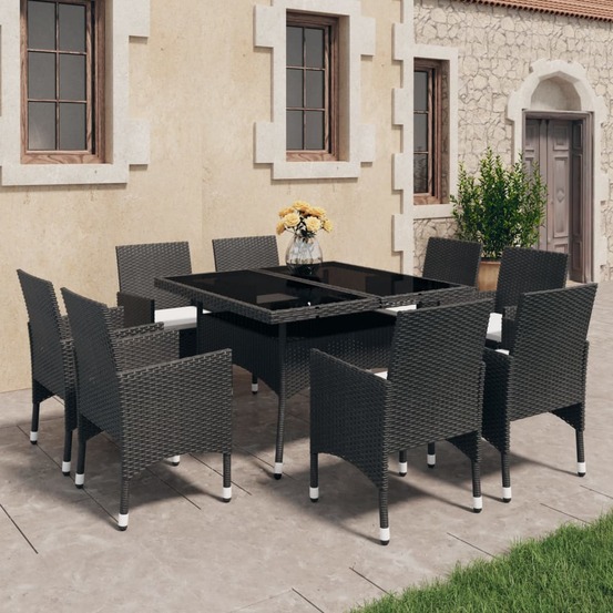 Ensemble à manger de jardin 9 pcs résine tressée et verre noir
