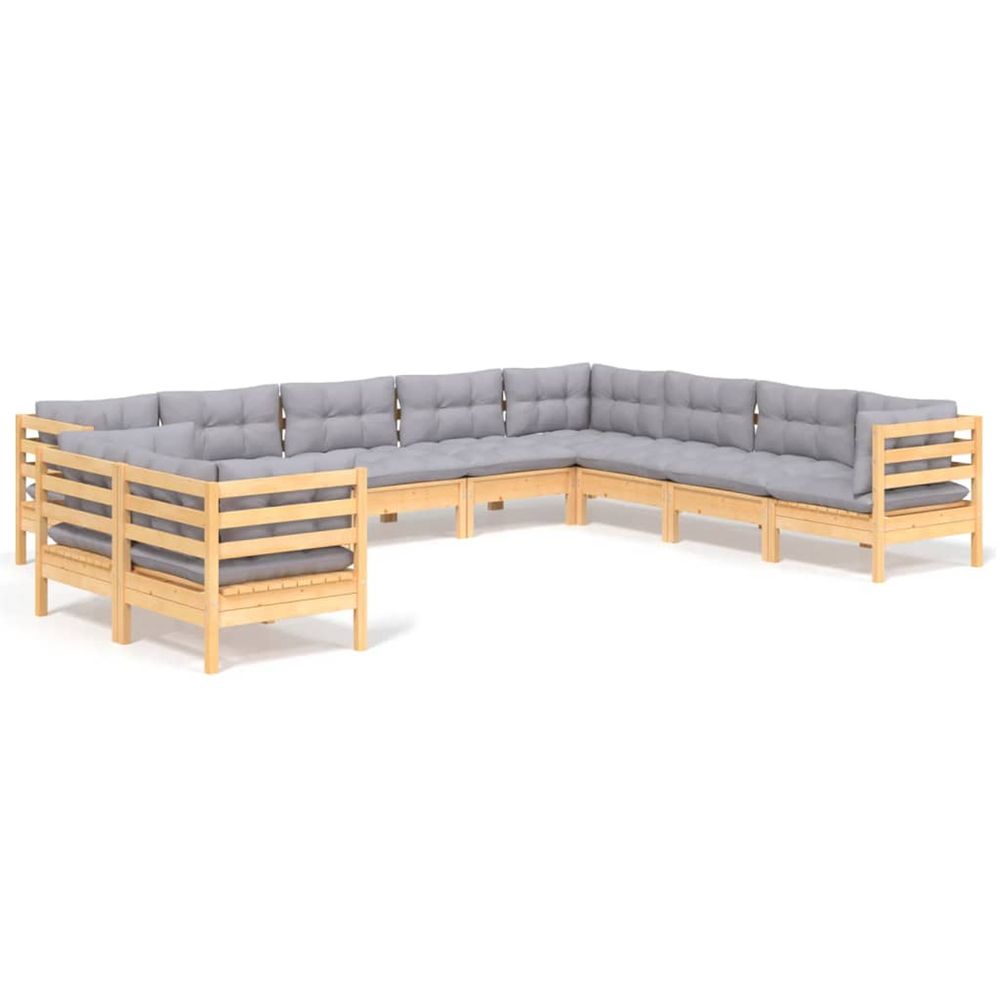 Salon de jardin 10 pcs avec coussins gris bois de pin massif