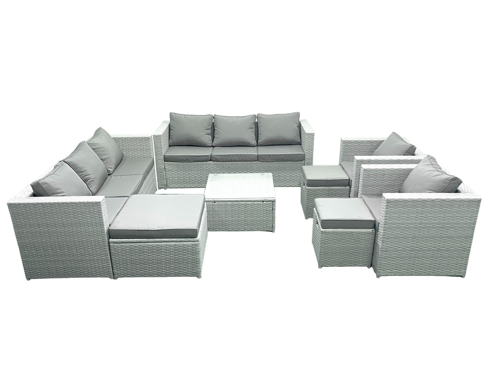 Salon de jardin en rotin avec 2 fauteuil table basse carrée 3 tabourets gris clair mixte