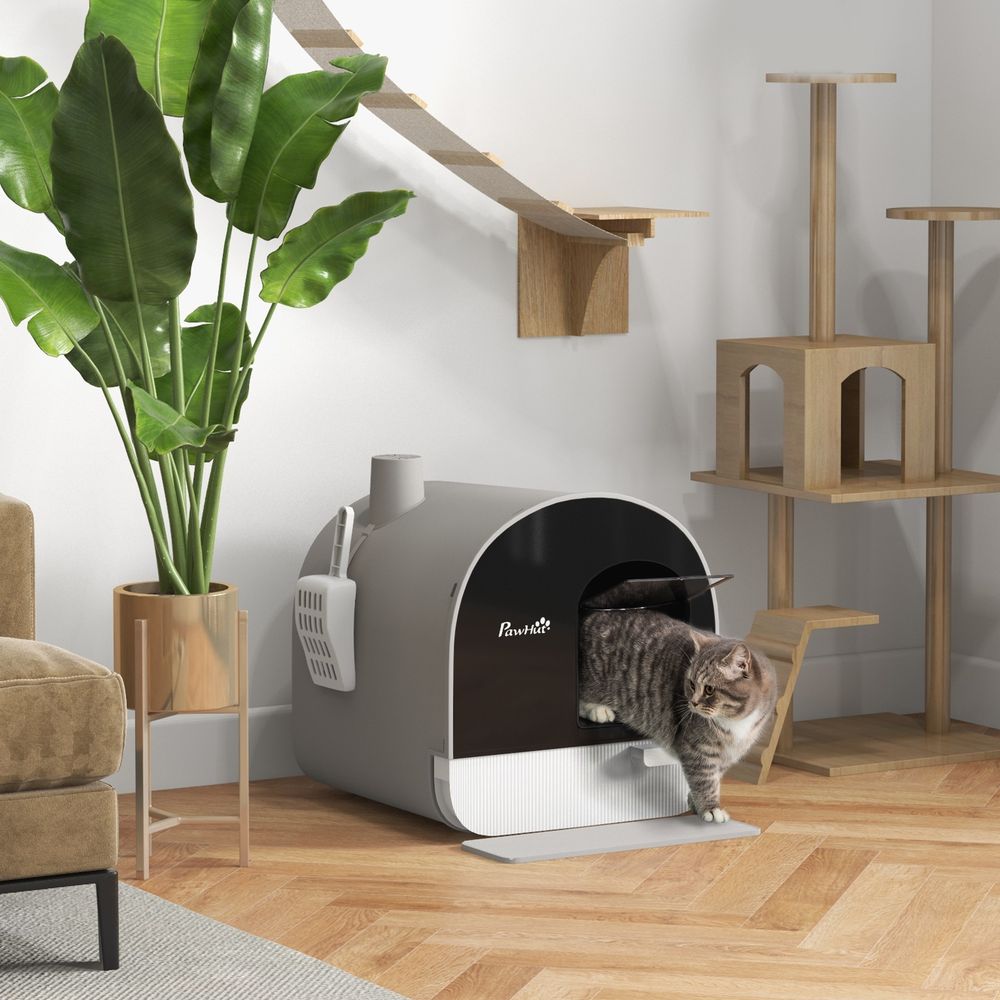 Bac à litière pour chat avec porte battante pelle et filtre inclus dim. 43l x 44l x 47h cm gris