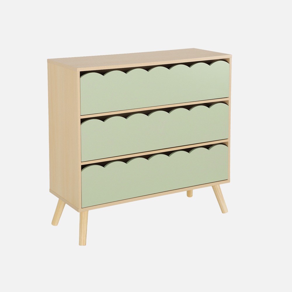 Commode enfant décor bois 3 tiroirs, pieds bois de pin - 80 x 30 x 79 cm - azur