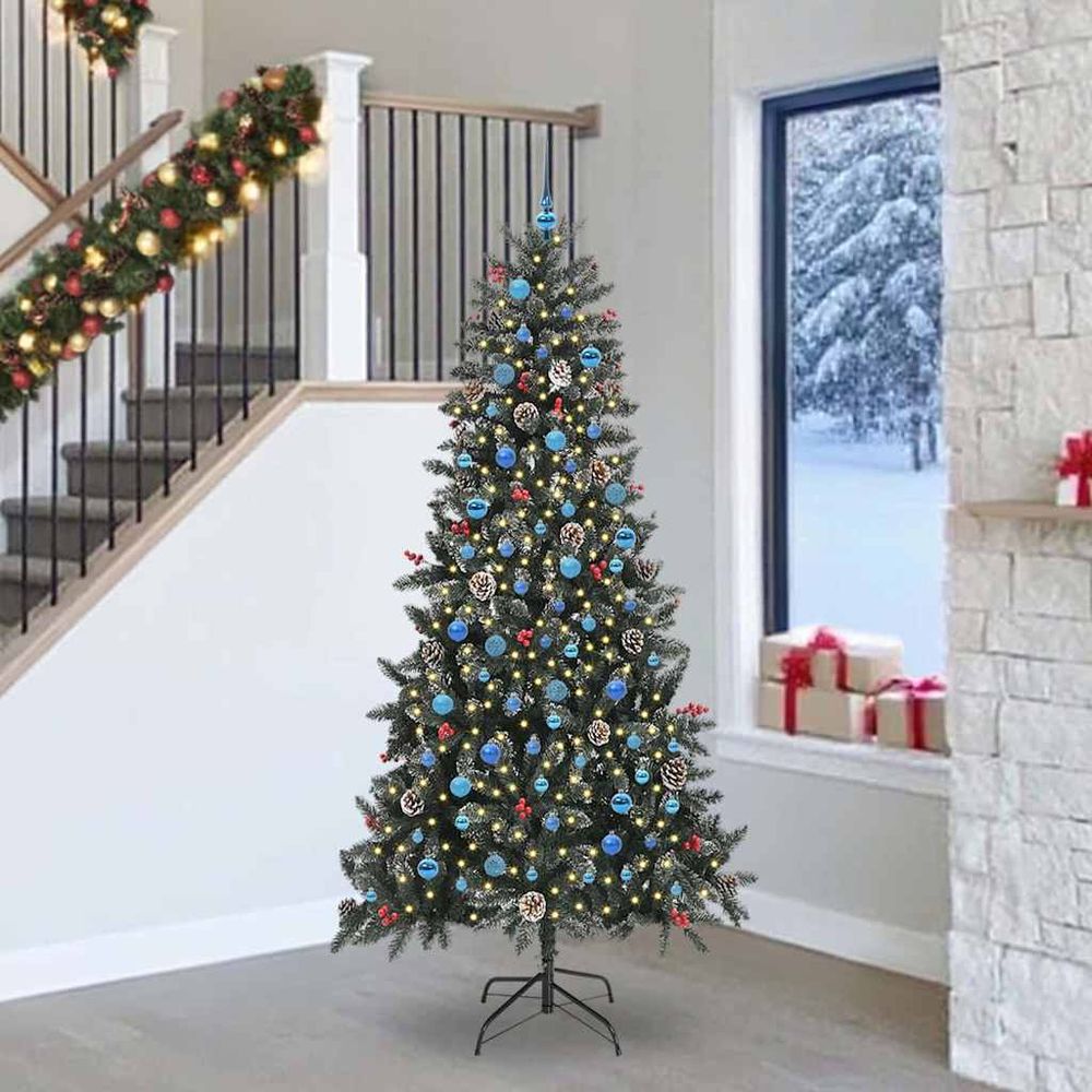 Sapin artificiel floqué 2.40m très dense, pack complet lumineux 300 led et décos