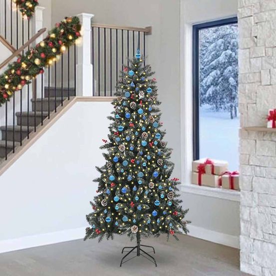 Sapin artificiel floqué 2.40m très dense, pack complet lumineux 300 led et décos