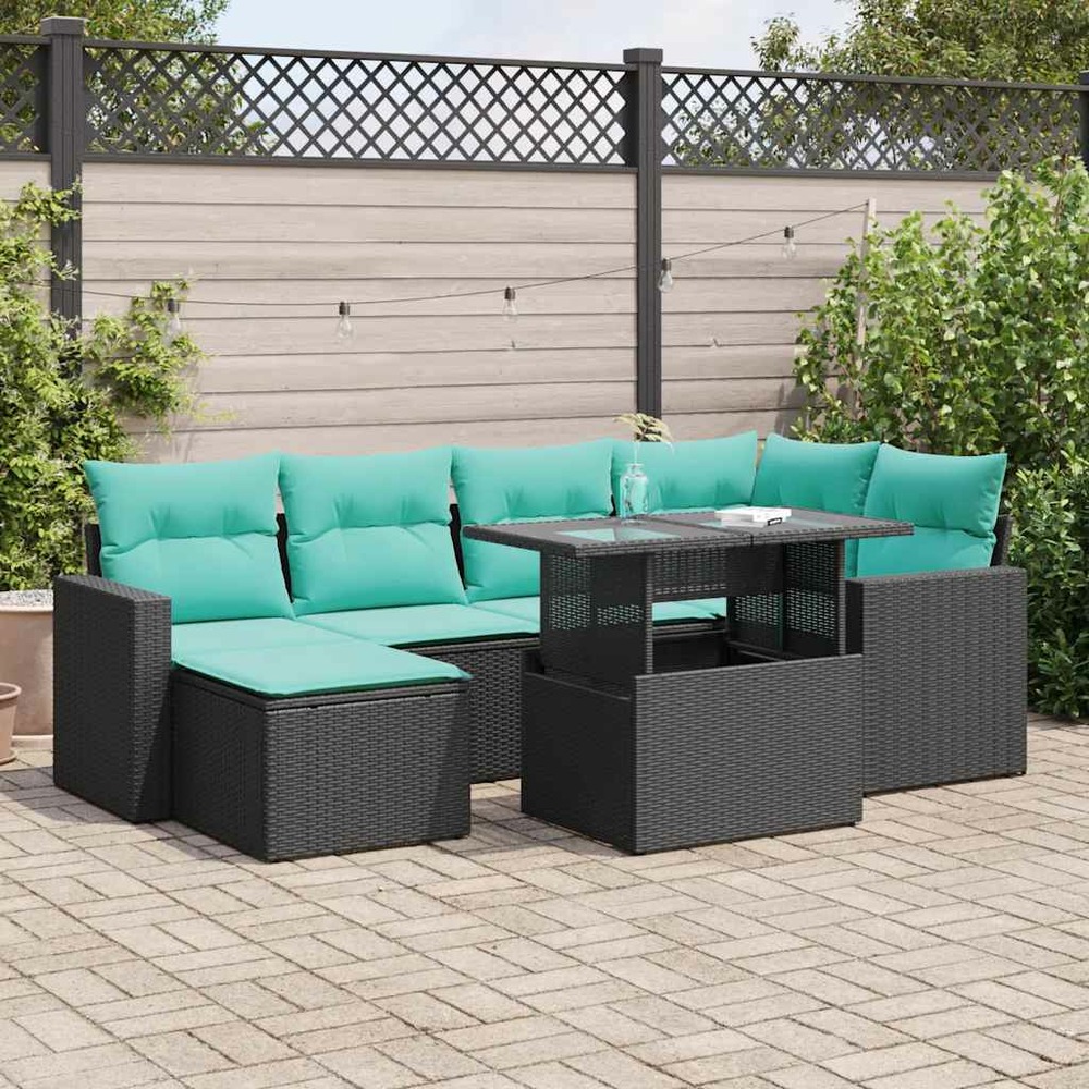 Salon de jardin avec coussins 7 pcs noir résine tressée acacia