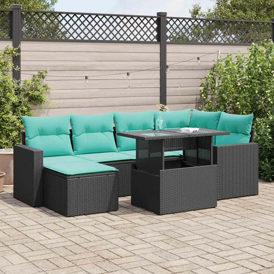 Salon de jardin avec coussins 7 pcs noir résine tressée acacia