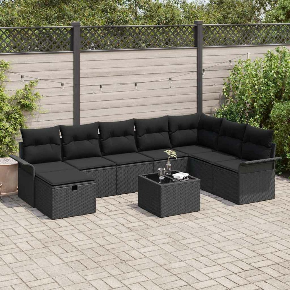 Ensemble de canapé de jardin avec coussin 9 pcs noir poly rotin