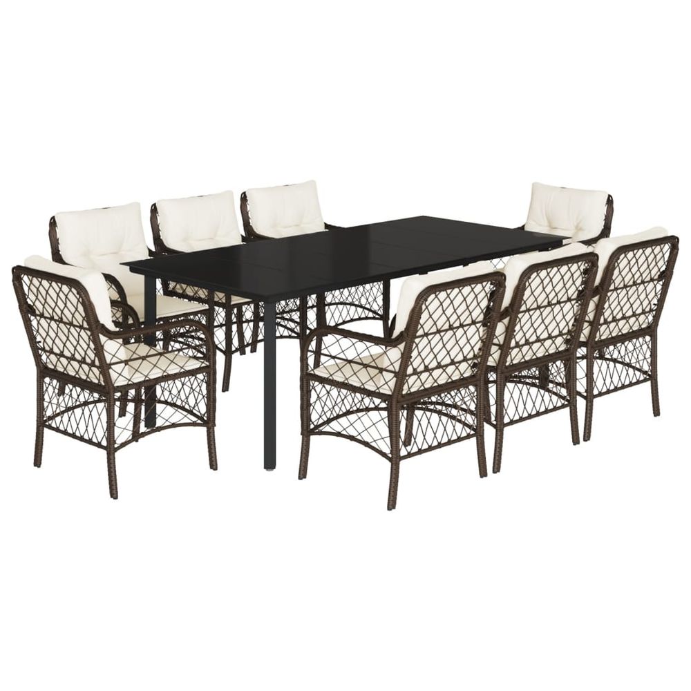 Ensemble à manger de jardin et coussins 9 pcs marron poly rotin