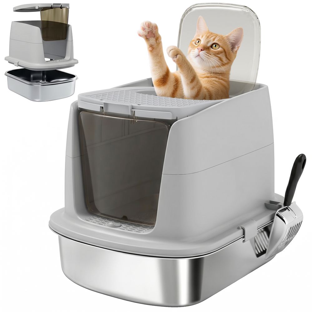 Litière chat l acier inoxydable 52,4x41,3x39,8 cm gris clair couvercle amovible