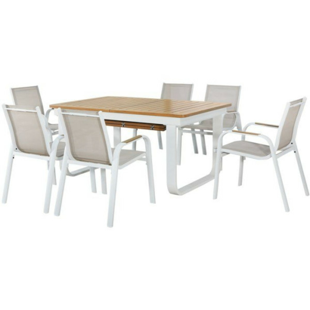 Ensemble repas de jardin - table extensible 155/246 x 100 x 74 cm + 6 fauteuils - aluminium - 6 personnes - vianea
