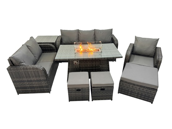 Ensemble salon de jardin extérieur en polyrotin table de foyer à gaz et canapé fauteuil avec table d'appoint 3 tabourets