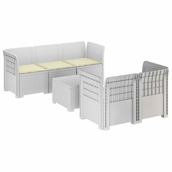 Canapé de jardin 5 places avec coussins aspect rotin pp blanc