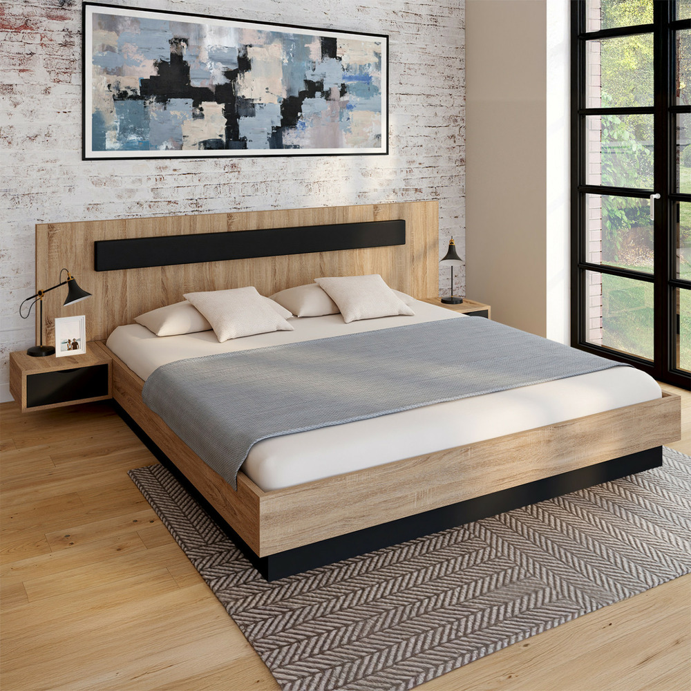 Lit double santa avec tête de lit + tables de chevet intégrées et sommier 180 x 200 cm bois et noir