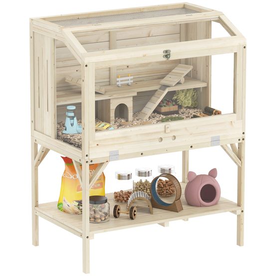Cage hamster bois sapin rongeurs 2 niveaux étagère 84x110cm bois naturel