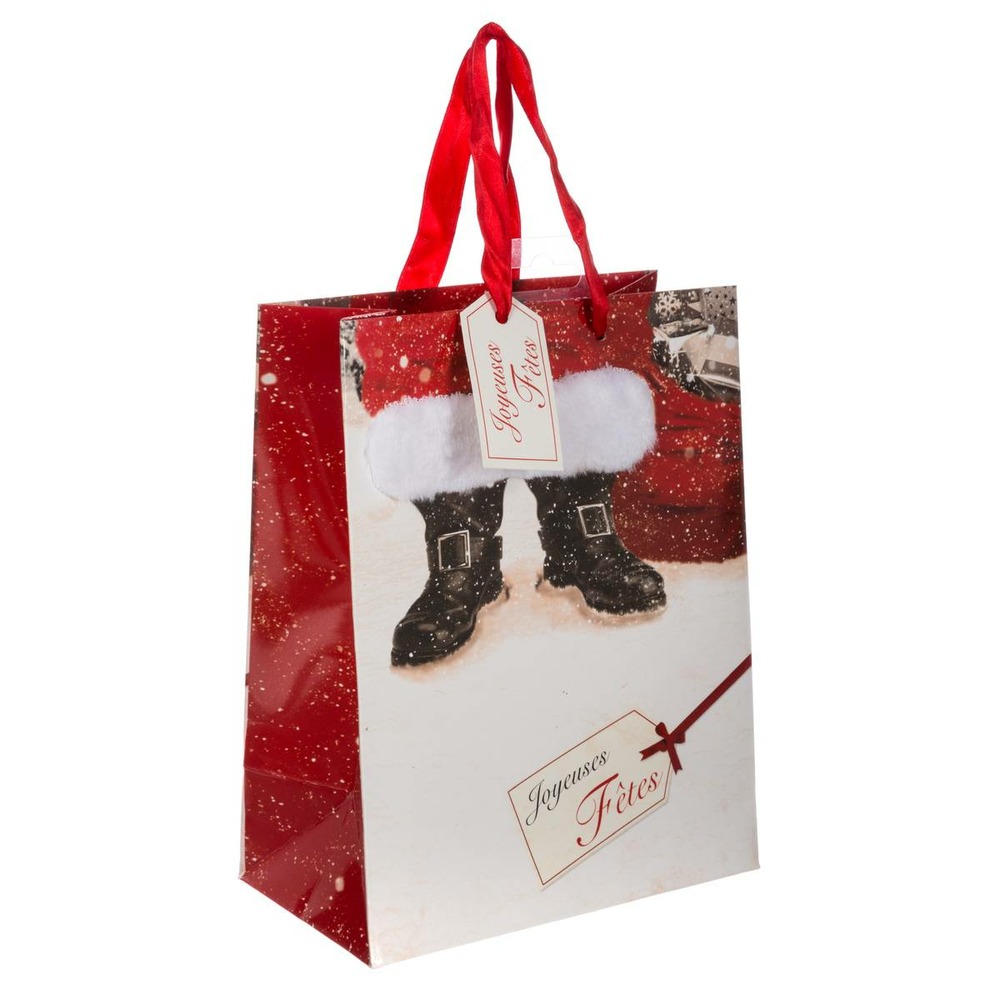 Sac cadeau imprimé petite taille père noël avec fourrure