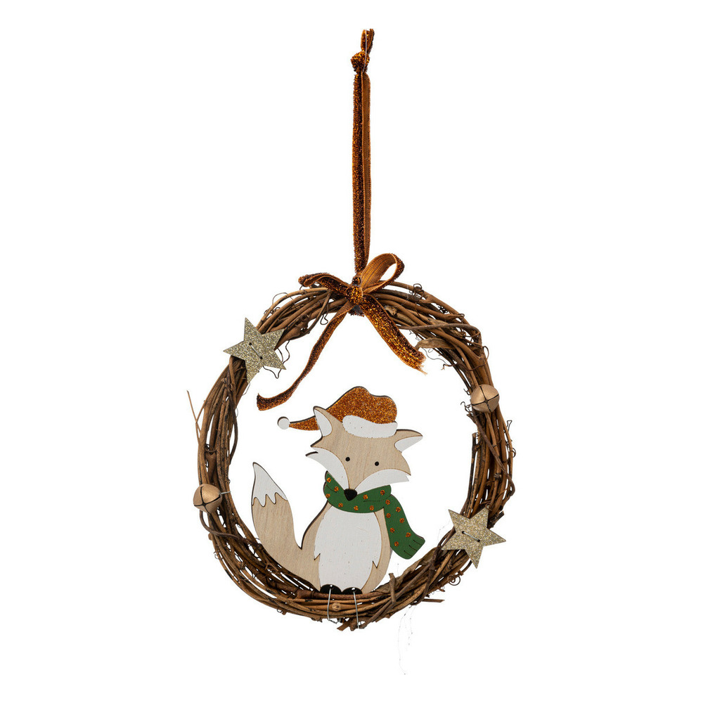 Sujet de noël renard en bois dans couronne en rotin