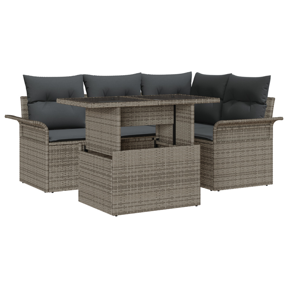 Canapé de jardin de 5 pièces avec coussins gris en poly rattan