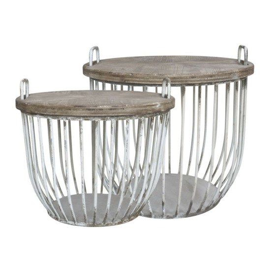 Set de 2 tables basse en bois de cyprès marron et blanc ø.57 x ht.48cm