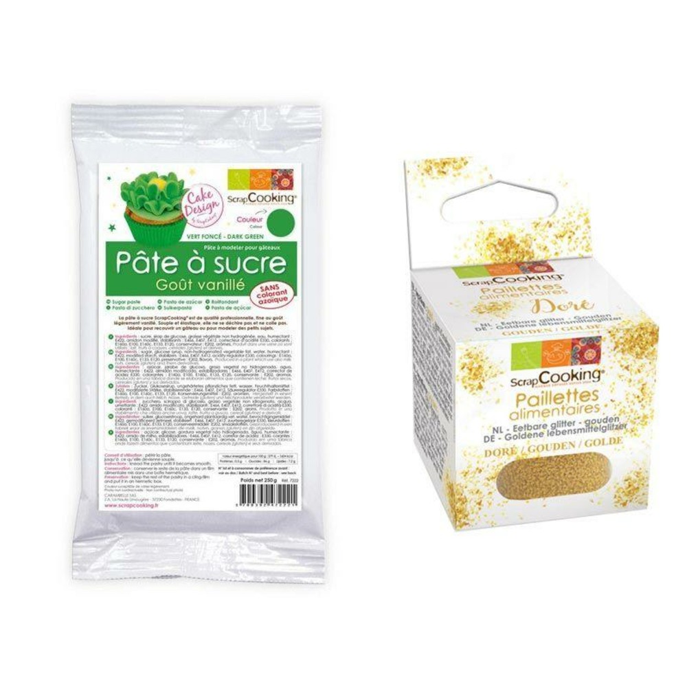 Pâte à sucre verte 250 g arôme vanille + paillettes dorées
