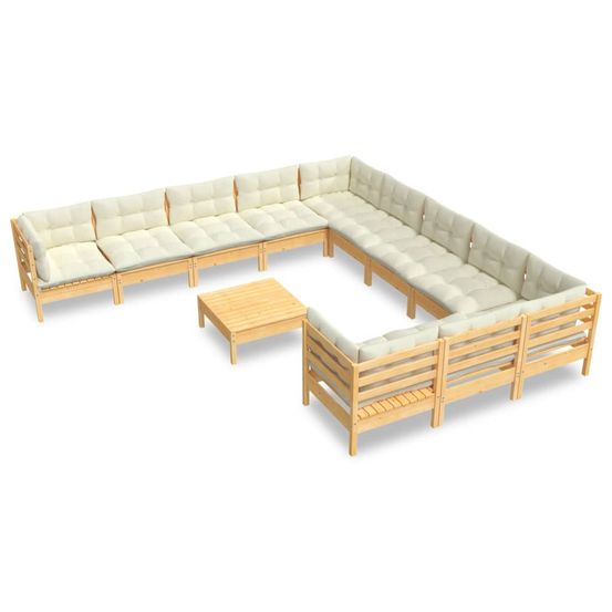 Salon de jardin 12 pcs avec coussins crème bois de pin