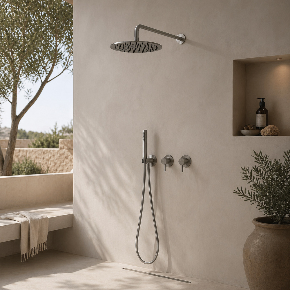 Kit douche encastre mural 30 cm en acier inox 316l or rose