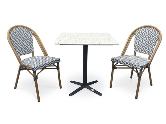 Ensemble bistro plateau terrazzo et assise textilène bleu et blanc