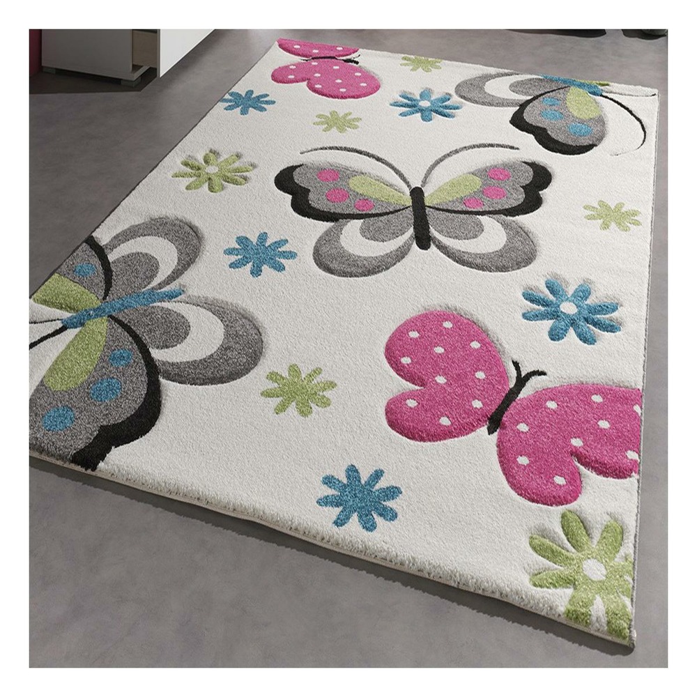Tapis enfant 240x340 rectangle tissé crème motif animaux lyn8 papillons