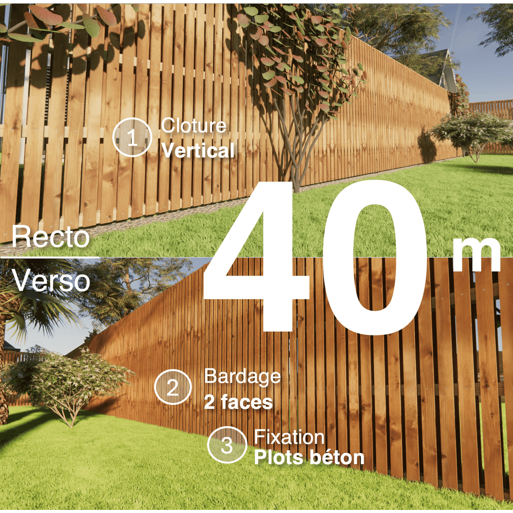Kit clôture bois moderne 40m – h 2,3m – 20 x 70 mm autoclave marron – pose vertical – double face – à sceller
