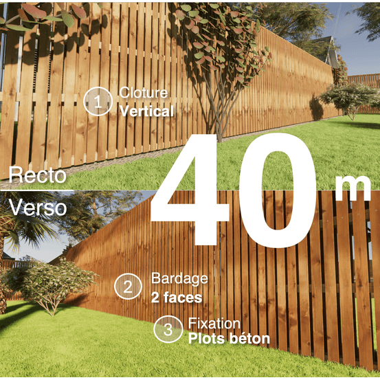 Kit clôture bois moderne 40m – h 2,3m – 20 x 70 mm autoclave marron – pose vertical – double face – à sceller