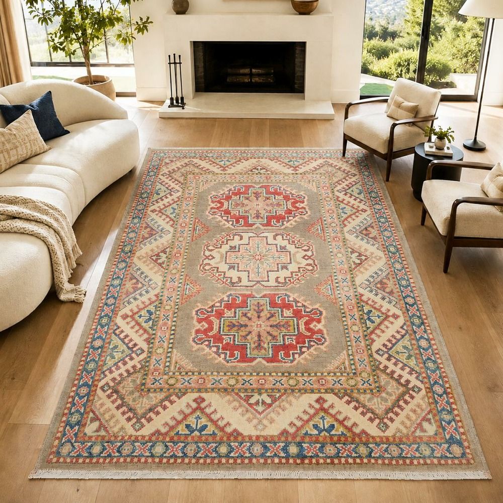 Tapis salon 81 x 126 cm, géométrique, gris et beige, en laine, kazak co 59