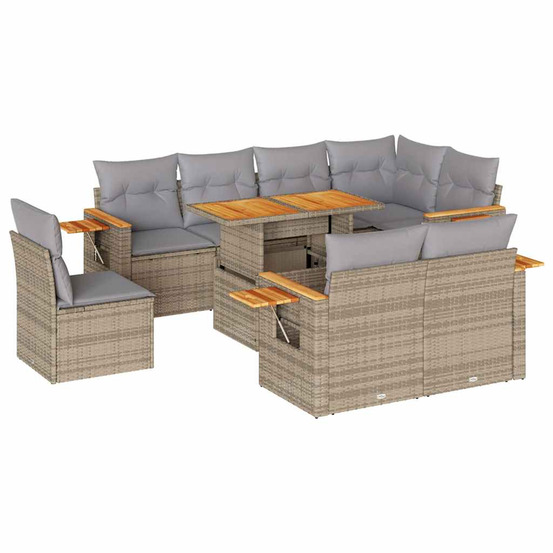 Salon de jardin avec coussins 9 pcs beige résine tressée acacia