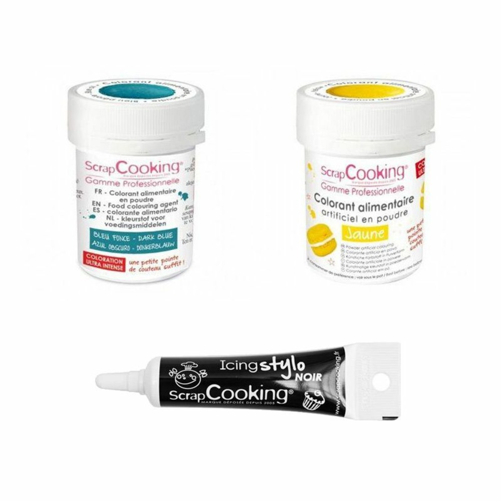2 colorants alimentaires bleu foncé-jaune + stylo glaçage noir