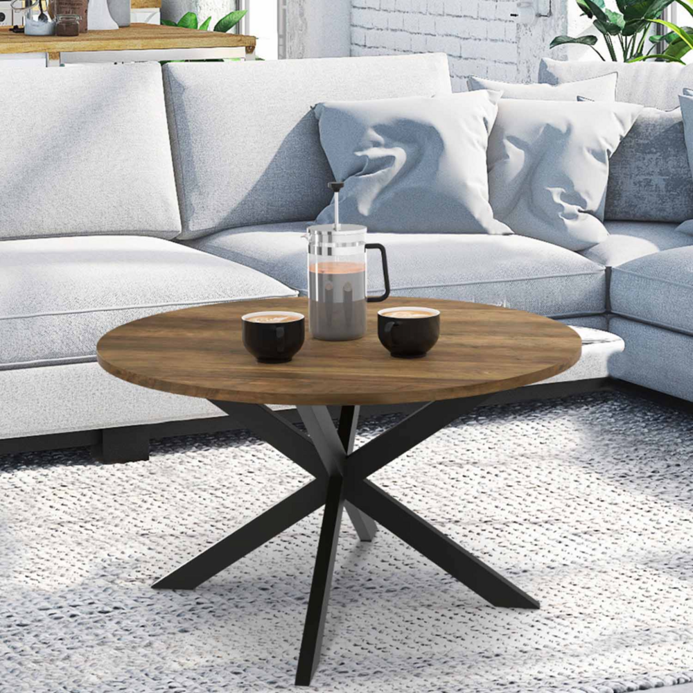 Table basse ronde alix plateau hawkins pied araignée 70 cm bois foncé design industriel