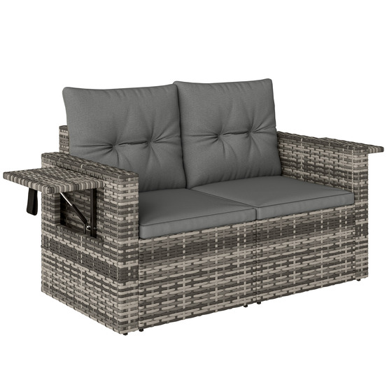 Canapé de jardin 2 places en rotin pliable avec plateaux latéraux, coussins amovibles, gris clair
