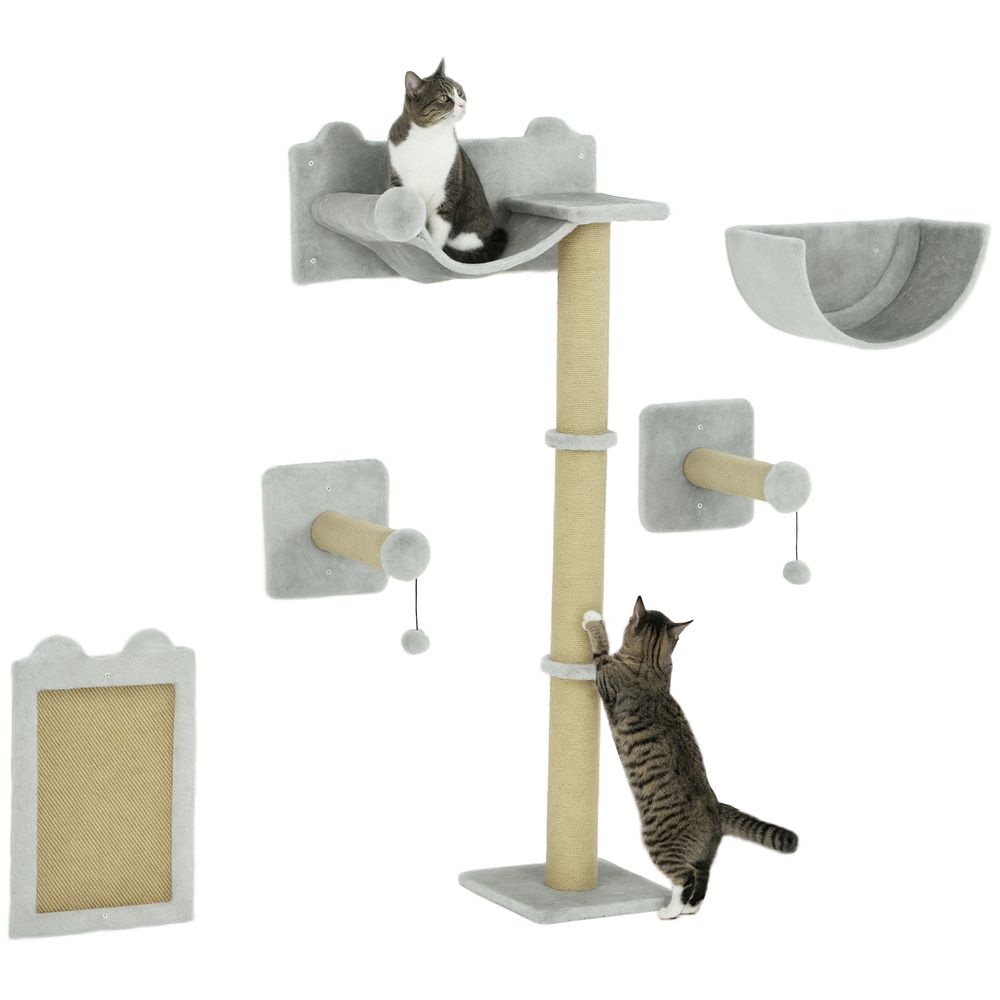 Arbre à chat mural 5 pièces bois et polyester pour jeu et repos 140cm gris clair