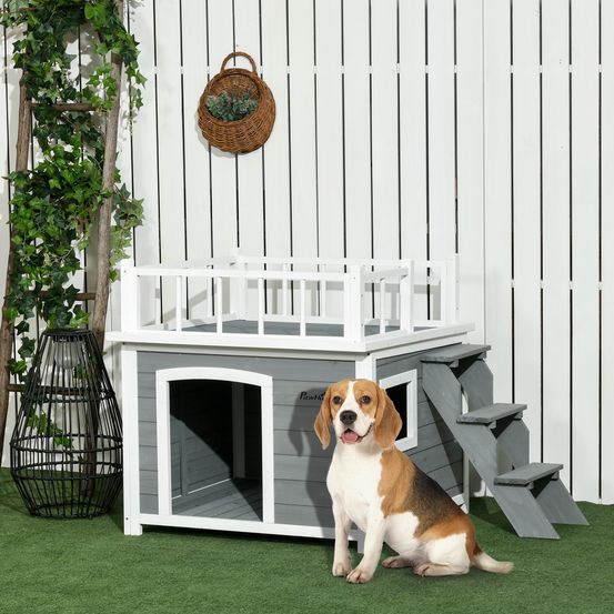 Niche chien bois sapin avec terrasse escalier extérieur abri surélevé gris 121cm