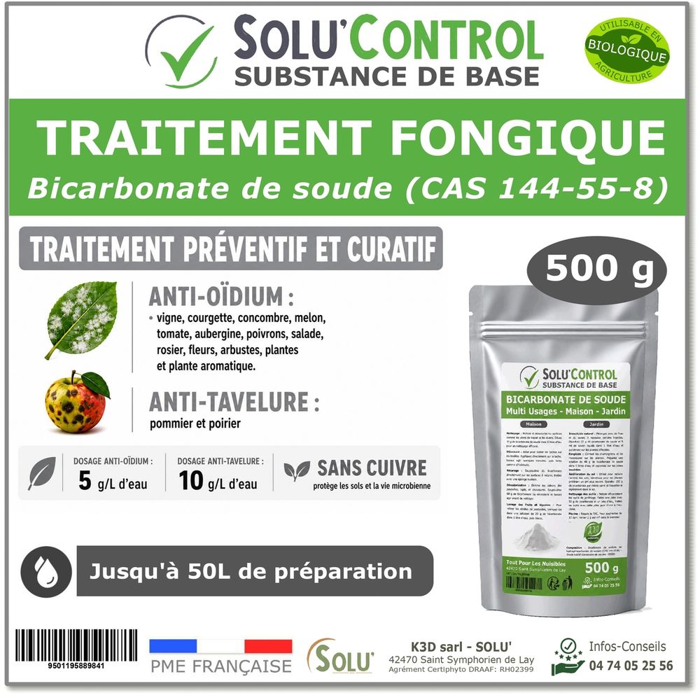 Solu'control bicarbonate de soude jardin 500 g – traitement fongique naturel oïdium & tavelure - sans cuivre